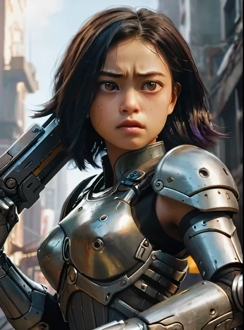 Alita battle angel, Epic CG masterpiece,hdr,dtm,full ha,8K,ultra detailed graphic tension,dynamic poses,stunning colors,3D rendering,surrealism,cinematic lighting effects,realism,00 renderer,super realistic,full - body photos,super vista,super wide Angle,H...