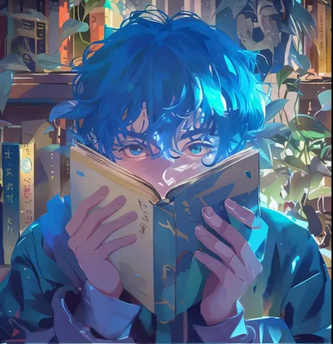 There is a man reading a book in front of the bookshelf.., portrait of lofi, 4k manga wallpaper, book portrait, Gwaites style artwork, digital anime illustration, Lofiatostyle, anime art wallpaper 4k, anime art wallpaper 4k, anime art wallpaper 8k, rpg boo...