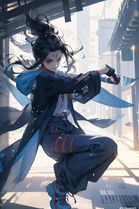 Create an anime girl character for a futuristic Tokyo setting. She rocks long wavy hair, ninja gear, and a fierce Oni mask. But heres the twist: shes not just a ninja; shes a badass rapper too, blending ancient ninjutsu with hip hop vibes.Describe her outf...