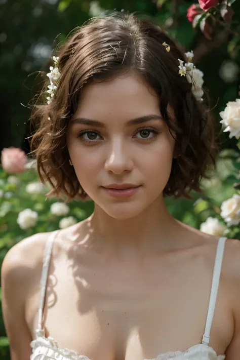 Beautiful woman with white short curly hair, extremely high quality RAW color photo with high detail, romantic mood, Canon EOS R5 effect, soft lighting, warm tones, depth of field effect, eye contact, girl wearing white lace vintage dress, in the garden, w...