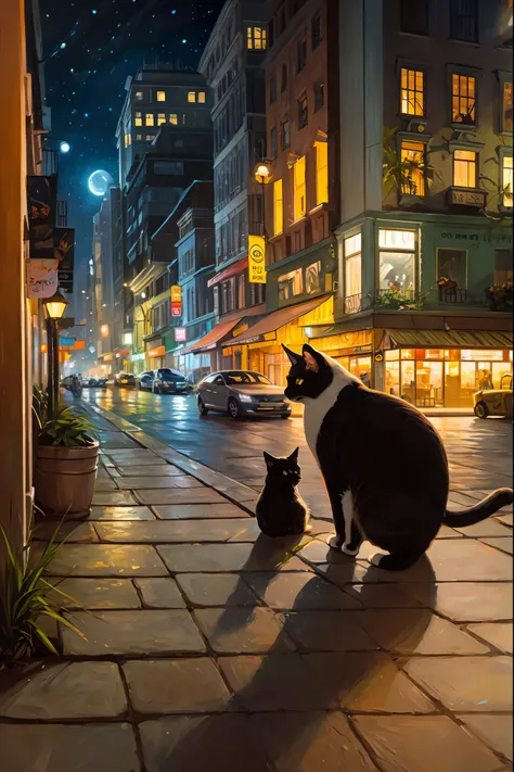 Cat on night patrol、However, all the characters are anthropomorphized cats.、Expressive cat、Oil Paint、oil painting style、High resolution, highest quality, highest quality, Paid rewards available, an unparalleled masterpiece, perfect artwork, disorganized, H...