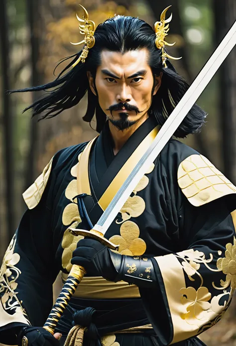 photograph, A man dressed in black and gold and holding a sword (Fantasy Daimyo Style:1)  