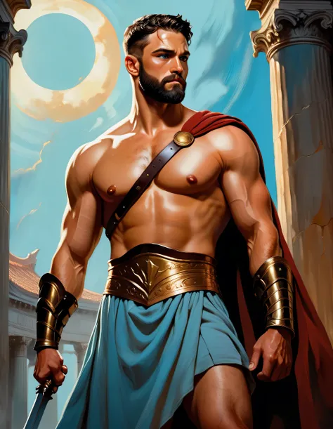 chiaroscuro technique on impressionist illustration of an masculine, Pantheon male model, handsome Roman, he is the god of war, he is Ares, Mars, evil-color, strong look, light blue eyes, strong jawline, dressed as a gladiator, ancient gladiator, male glad...