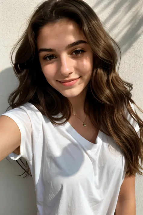 Spanish mix France 19 years old girl, long wavy brown hair, wearing white T-shirt, green eyes looks smart, hard shadows, selfie shot, dramatic lighting. she is touching her hair and smiling , 1 eye is a little bit smaller than other.