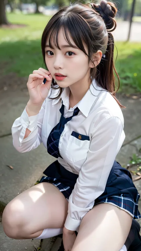 (In the thickets of the park at night), ((from head to foot)), (From the side), , (slim girl), (baby face), Beauty, (medium breasts:1.3), ((School uniform shirt and skirt)), (((blowjob))), (Thighhighs:1.2), (Kneeling and looking up), (bun hair knot), (slim...