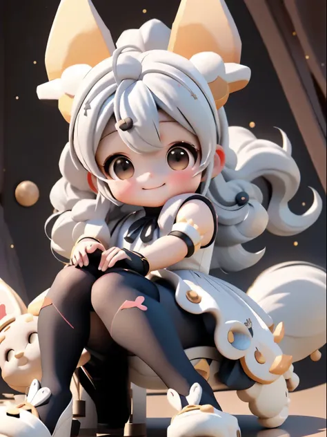 A girl with striking white hair、Fox ears and tail、hair ornaments、black pantyhose、sleeveless、smile、Cute shoes with accessories、