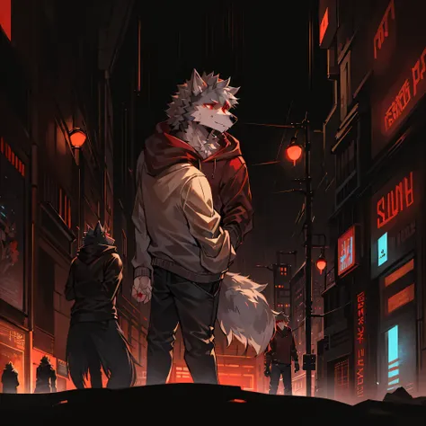 (hairy:1.2),(deep gray hairy wolf,Red eyes,gray hoodie, boys, Handsome,Humanity:1.1),(masterpiece,delicate eyes, Detailed face,high quality, H,Kanno:1.1),(random background, midnight time,cyberpunk world, Random events, Cyberpunk Locations, Random characte...