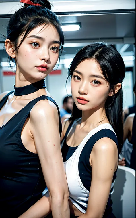 Two Japanese girls in their early teens, one blonde and one black gal-style, very tanned、Woman in gal makeup
。shoulder length short cut hair。
The other is a cute, pure-looking woman with black hair and natural makeup.。Ponytail hair with ribbon。
Both of the...