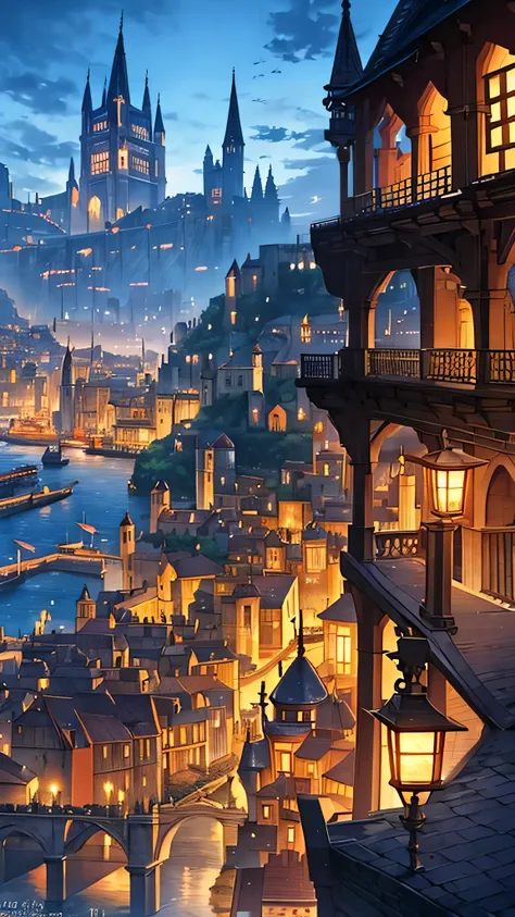 A majestic medieval fantasy port city at sunset, bustling with ships docked, raised drawbridge, glowing lanterns, intricate stone architecture, fantasy realm, vertical orientation 