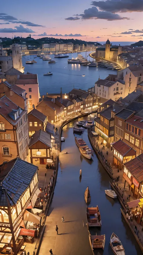 A detailed illustration of a bustling medieval port city with numerous ships docked, inspired by Renaissance maritime paintings, featuring intricate architectural details, vibrant market stalls, seagulls soaring overhead, and a dramatic sunset sky casting ...