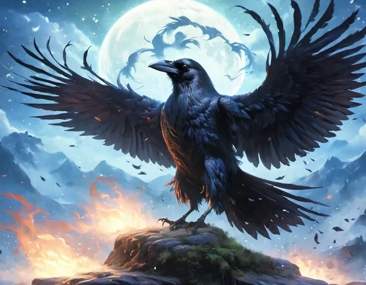 angry magicians，raven magician，crow feather clothing，raven staff，magical crow magic，powerful magical energy