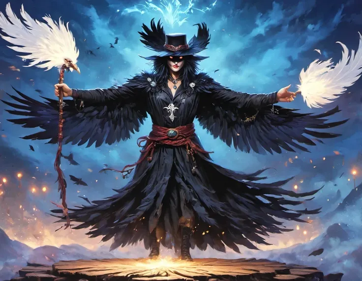 Angry magicians，Raven Magician，Crow feather clothing，Raven Staff，Magical crow magic，Powerful magical energy