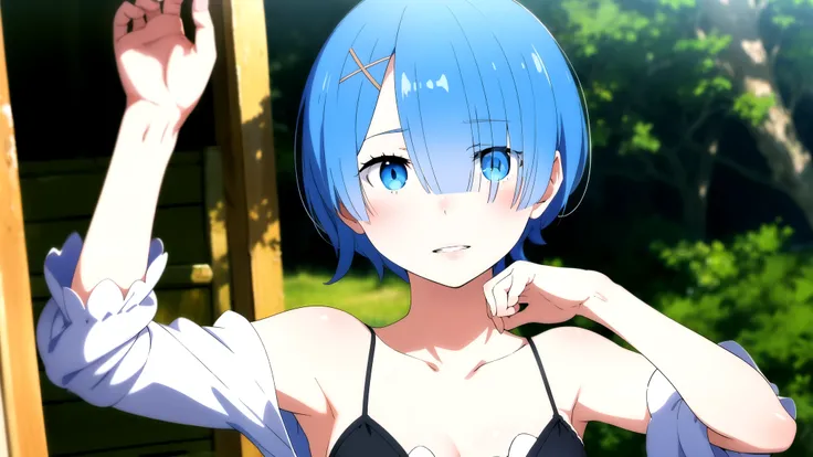 masterpiece、1 girl(1:2)、25 years old、universe、masterpiece, highest quality, (delicate eyes and face), volume light, ray tracing, Highly detailed CG Unity 8K wallpaper, Remlin, hair above one eye, medium hair、light blue hair(1:2)、looking at the viewer, Uppe...