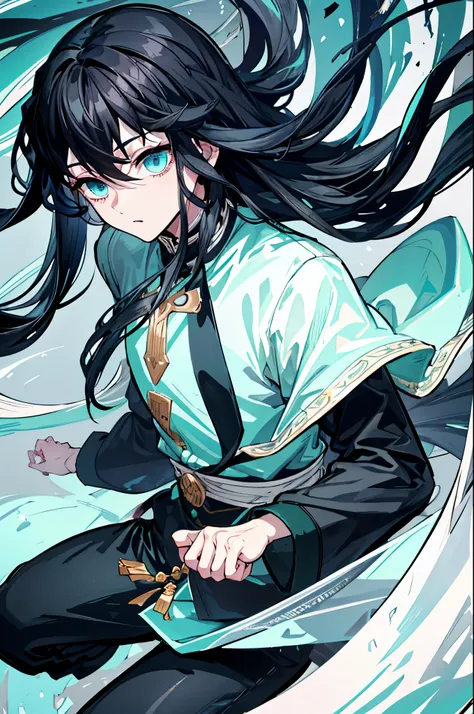 highest quality、highest quality、Super detailed、perfect face、very detailed、perfect human body、Very delicate and detailed、1 boy、long black hair、hair is down to the waist、The ends of the hair are mint green、light blue eyes、Wearing a big black hoodie、black pan...