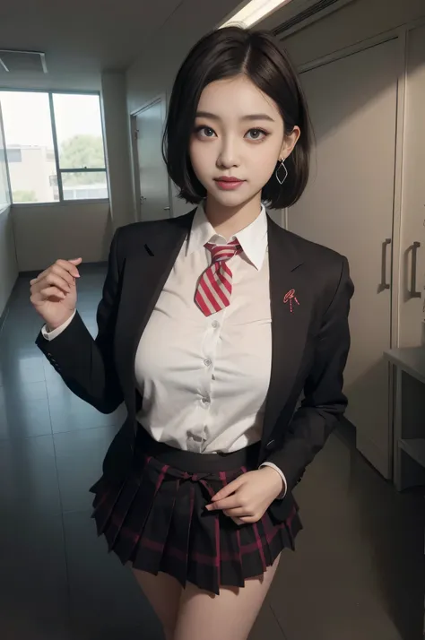 , shirt, blazer, ribbon tie, skirt, school, hallway in front of classroom, chest protruding pose, 8K RAW photo, high resolution, 15 year old Korean, very big round breasts, beautiful eyes in detail, long eyelashes, beautiful double eyelids, eyeshadow, eyel...