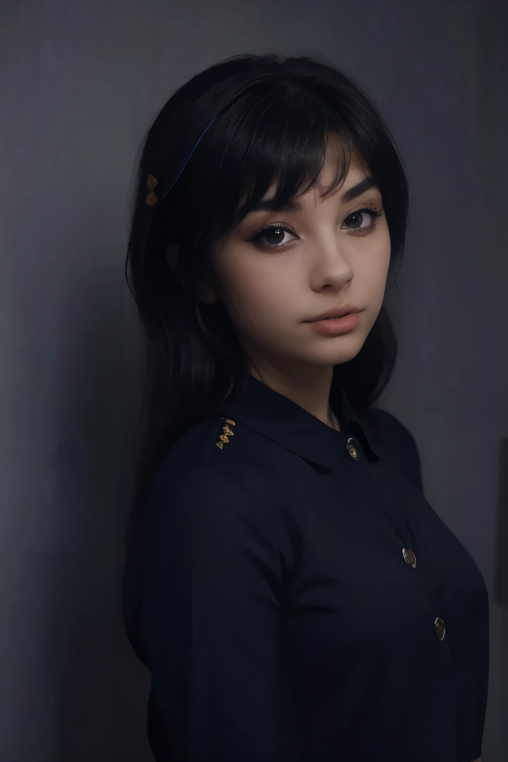 8K, Best Quality, 1girl, (Skindentation), night time, (Dark), Clear background in the room, (people), beautiful bangs, Gorgeous,, (Clothing and uniforms:1.3),soft-lighting, Attractive, Dark room, (mouth closed:1.2, Beautiful eyes, detailed eyes, detailed i...