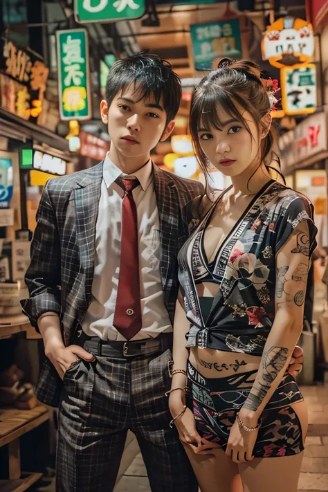 RAW image quality, Japanese, 14 years old, embarrassed expression, Girl and Horihada, Yakuza, japanese mafia, Background of Tokyo Red Light District, realistic, Photoreal, masterpiece, highest quality, Movie photo of a Japan cartel gang with tattoos, spect...