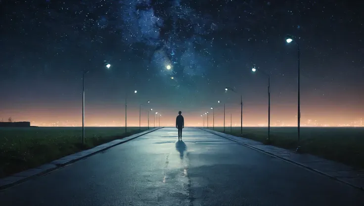 Imagine a serene, empty street bathed in the soft glow of streetlights under a starry night sky. In the distance, a lone figure stands, illuminated by the gentle light, representing the presence of artificial intelligence amidst the calmness and tranquilit...