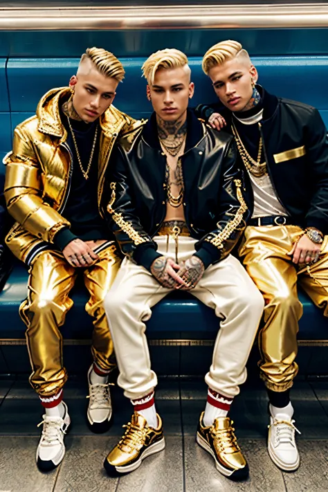 full view three drunk older different chav men blond undercut different fashion haircuts, golden grillz, lots of golden rings, chains, necklaces, bracelets, lots of piercings, huge shiny gold nose septum piercings , tattoos, different Burberry puffer shiny...