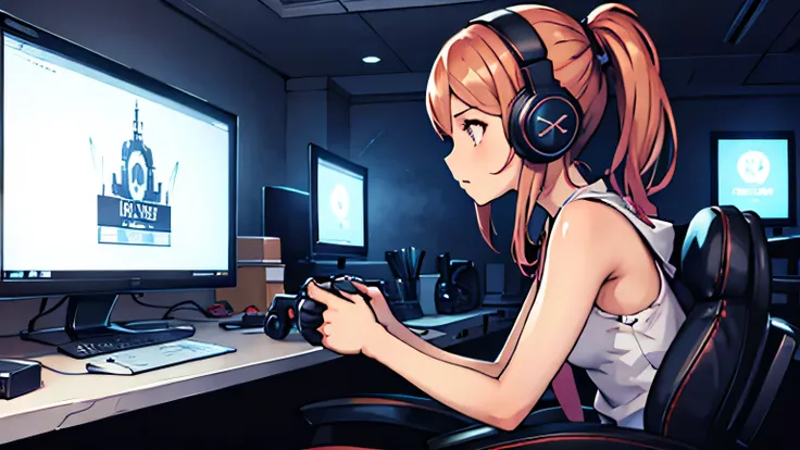 beautiful girl playing video games with headphones in a dark room　from the side