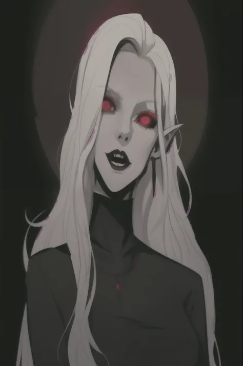 a drawing of a woman with long white hair and red eyes, vampire girl, androgynous vampire, with red glowing eyes, with glowing red eyes, gothic horror vibes, vampire portrait, with red eyes, female vampire, dark vampire, demon girl, vampire fashion, red-ey...