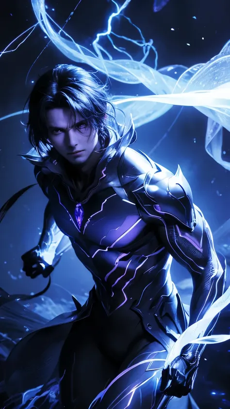 Male figure shrouded in ethereal blue lightning，Reflective dark purple etching. His mysterious presence hints at a close connection with infernal forces. A purple shadow fell on him, The mysterious dance of creation, Destruction and Rebirth,