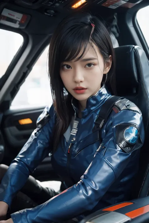 girl with thin straight hair, white latex space suit glued to body, very beautiful, very attractive, very fine, cockpit space, b...