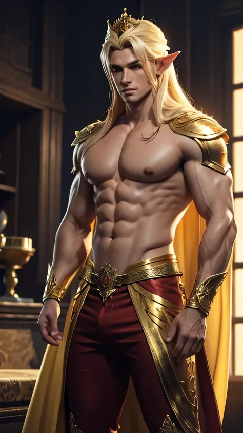 Golden Yellow, 3d Rendered Character Art 8K, shirtless handsome Fantasy king, tight clothes, regal clothing, 8k High Quality Detailed Art, sexy and Elegant Elf king, Realistic Anime man Rendering, (((naked Fantasy king)), Smooth Anime CG Art, handsome Elf ...