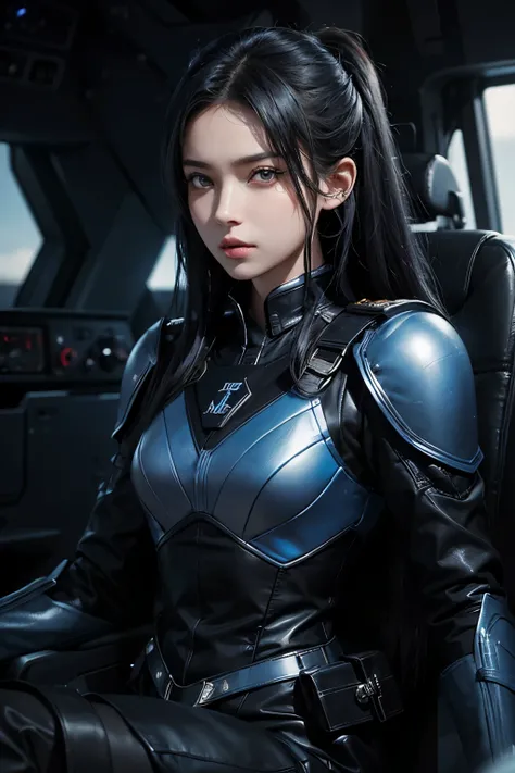 A beautiful woman. Twenty years old. Black hair. She wears a blue-black metallic battle uniform. She is looking at the camera with a defiant expression. She is sitting in the cockpit of a small spaceship.