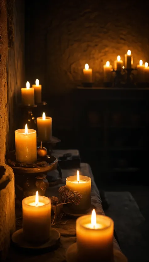 Close-ups of A dimly lit room with flickering candles. The ambiance is mystical, with shadows dancing on the  walls., RAW photo,(high detailed skin:1), (realistic, photo-realistic:1.37), ultra high res, professional lighting, 8k  uhd, dslr , high quality, ...
