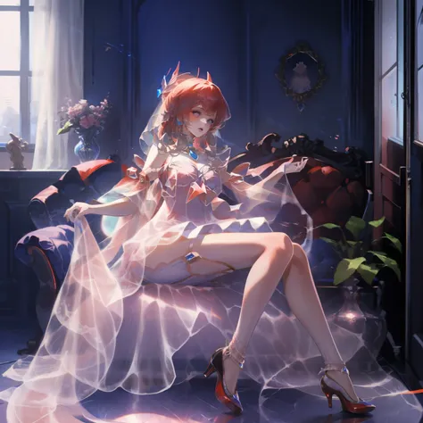 1 girl, masterpiece, high resolution, Sonic edges_Rias_Gremory,long red hair, ((Wedding dress, Room, bridal lingerie, Wedding theme))