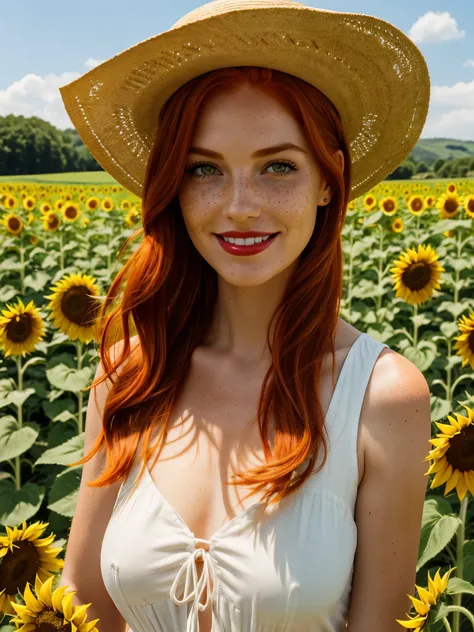 Create a red-haired woman, fair skin with freckles, green eyes and natural red lips, put on a straw hat and farmers clothes, she should be in a field of sunflowers, smiling. Outdoor