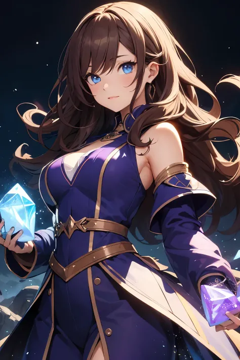 Girl with curly long brown hair and blue eyes dressed with a purple mage outfit using sapphire magic