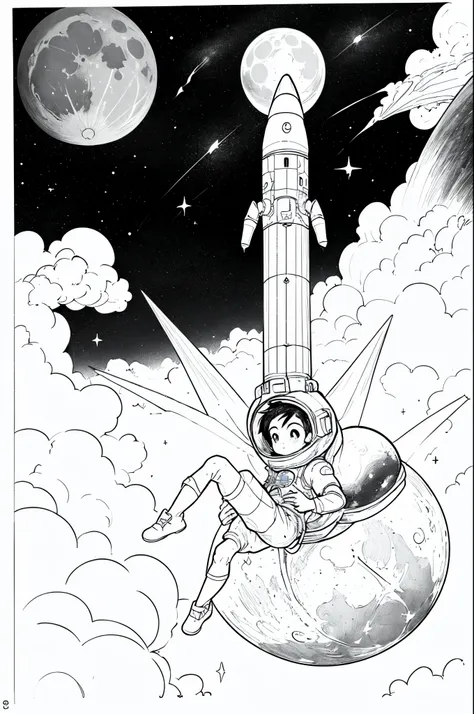 obra-prima, melhor qualidade, Monochromatic Magical Adventures, foguete, child in space,  on top of a rocket,  passing by the moon, desenho de contorno, desenho para colori
