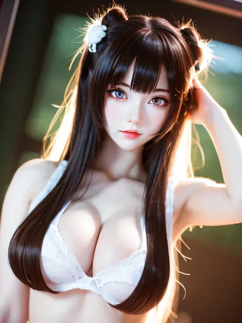 18 year old female，Milky white long hair，red eyes，very huge breasts，perfect hands，((3D anime style))，