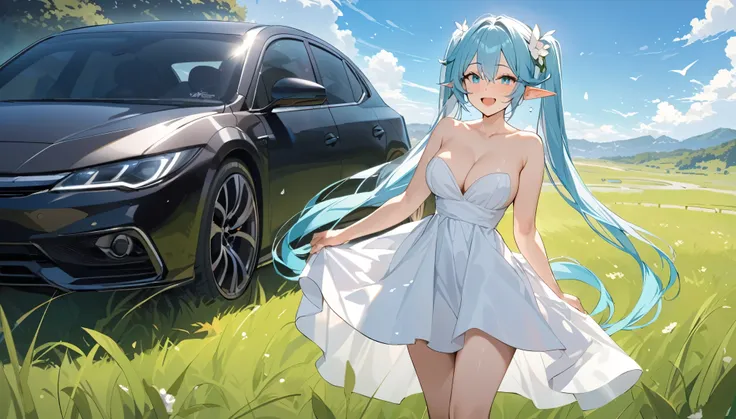 (masterpiece, best quality), 1 elven girl, ( bear breasts, thigh), (light blue hair, twin tails ,very long hair is fluttering in the wind), hair between eyes, multi colored hair,hair flower ornament ,(blush, smile, aqua eyes), open mouth, elf dress, whi...