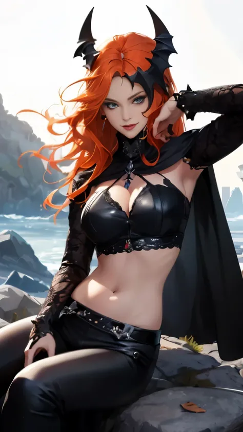 (Highly quality, masterpiece, detailed), fire city detailed scenario, fire city detailed background, solo, orange hair, madelynepri, 1woman, black cape, black crop top, leather pants, sleeves, navel, perfect face, evil smile, sitting on a rock, beautiful e...