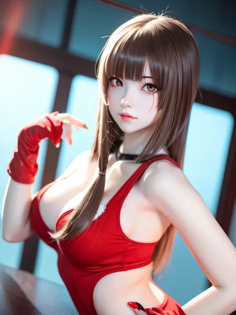 18 year old female，Milky white long hair，red eyes，very huge breasts，perfect hands，((3D anime style))，