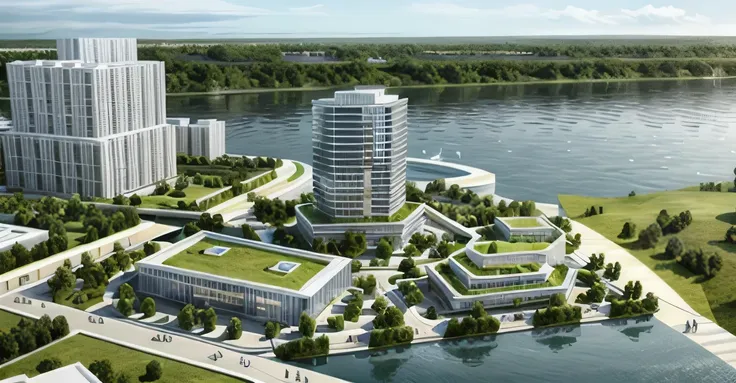 rendering of a building with a green roof and a river, mantra rendering, rendering, artists impression, artist impression, conceptual rendering, digital rendering, concept image, artists impression, pre-rendered, detailed rendering, rendering of checkmate,...