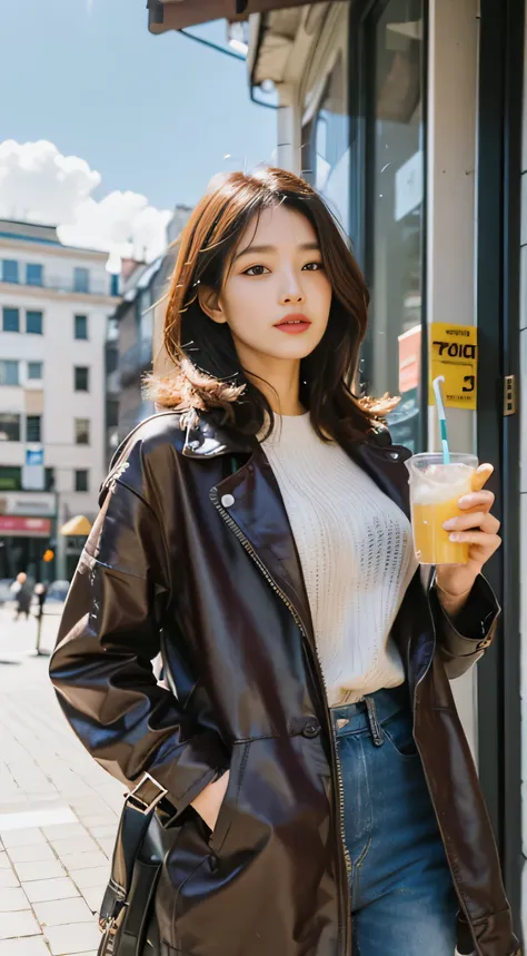 gray sweater，Burgundy leather jacket，white hair，Ethereal atmosphere，Soft drink made with ice and lemon juice，sunny，Blue sky and white clouds，Beautiful clouds