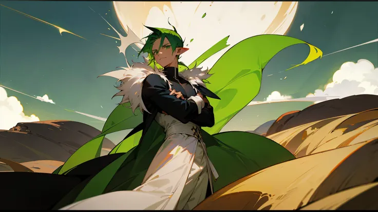 hueco mundo background (bleach), green hair, green eyes, pointy ears, black background, desert background, white crescent moon in sky, young male, muscular, black fur coat,