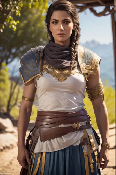 extremely detailed Kassandra Assassins Creed Universe,Detailed Lips, Detailed Eyes, detailed eyelashes, detailed face, textured skin, super detail lighting, ((full body shot,)) Detailed armour, 