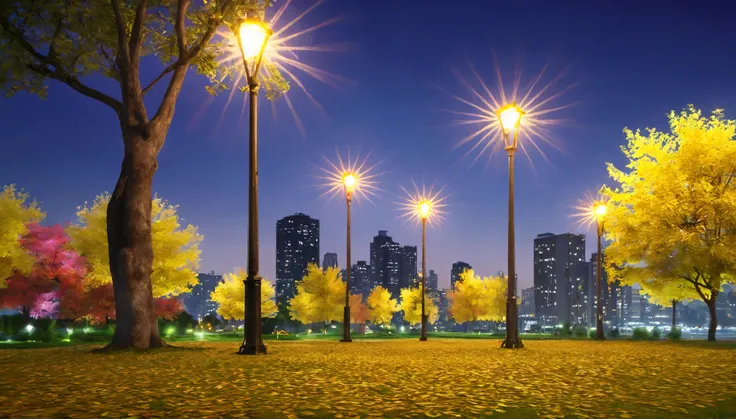 In a city park, with the flickering of illuminated street lamps and the swaying of tree leaves. (best quality,4k,8k,highres,masterpiece:1.2), ultra-detailed, (realistic,photorealistic,photo-realistic:1.37), HDR, UHD, studio lighting, ultra-fine painting, s...