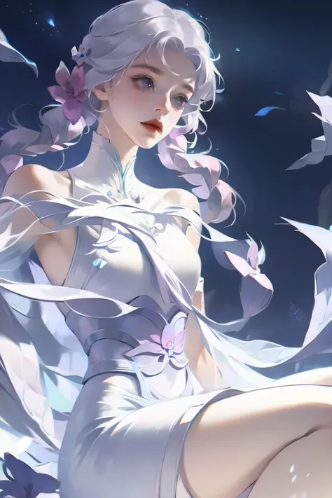 1 girl,clear water,blue butterfly,Pure white gauze skirt,Glittering,Upper body close-up