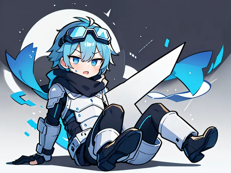 ((1 boy))，solo，straight hair，wolf ears，((blue ski goggles on head)) , Painful face，grit your teeth, bloodstains，close one eye,(transparent background)，(Blue and white full body mechanical armor)，turtleneck bodysuit，scarf，white boots, scars，put hands up ,Sh...