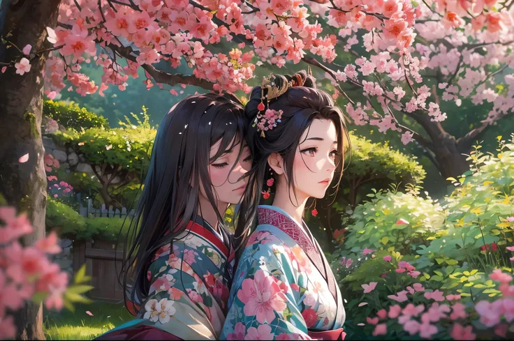 A samurai and a geisha kissing in a garden,illustration,beautiful detailed eyes,beautiful detailed lips,extremely detailed eyes and face,long eyelashes,traditional Japanese garden with meticulously trimmed bonsai trees,falling cherry blossom petals,serene ...