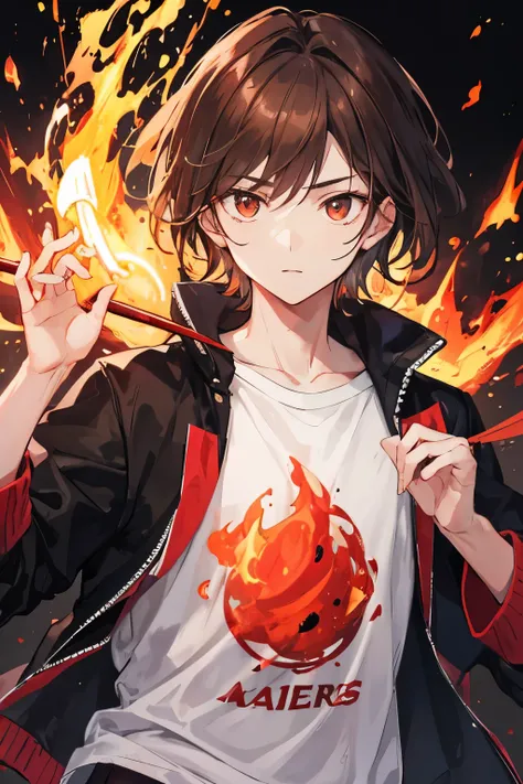 young boy with brown hair, ojos verdes, camiseta roja, chaqueta negra, with fire whip powers