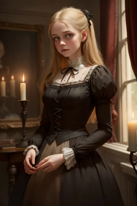 (best quality,realistic), ghostly encounter,classic literature,portraits,Victorian era,spooky atmosphere,creepy mansion,richly detailed backgrounds,haunting expressions,mysterious shadows,candlelit room,Virginias flowing gown,subtle smiles,magic realism,et...