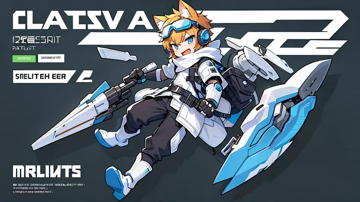 ((1 boy))，solo，illustration，wolf ears，headphones around neck，((blue ski goggles on head)) , Open your mouth，angry ,(transparent background)，(Blue and white full body mechanical armor)，turtleneck bodysuit，scarf，white boots, anatomically correct，forward bend...