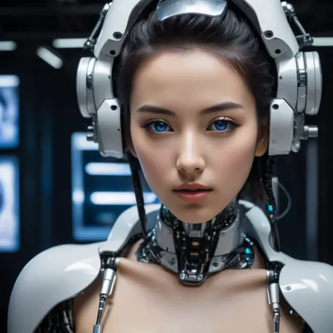 an exhibition showcasing ai-equipped autonomous female androids exhibiting various sex positions, adorned with a beautiful face ...